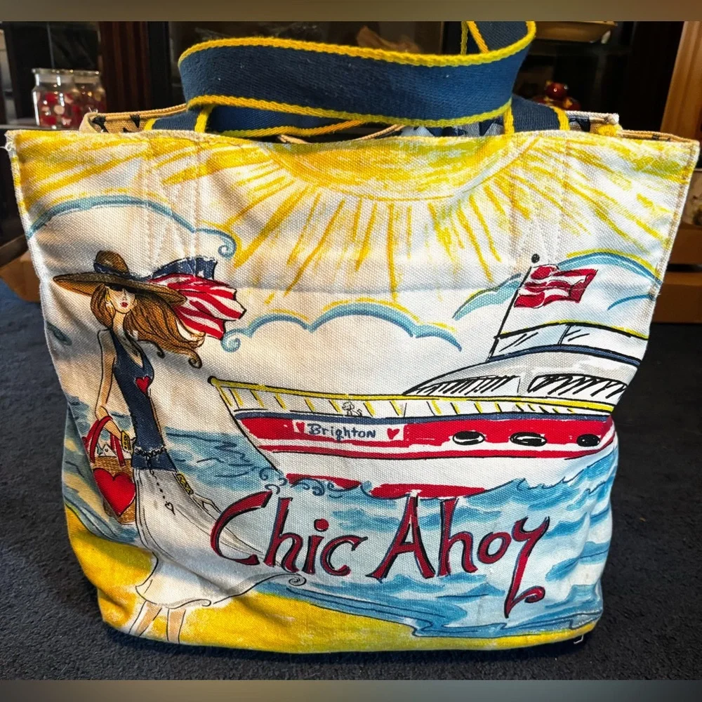 Brighton Canvas Tote Bag Chic Ahoy Nautical Theme Bag Shoulder Hand Painted - Picture 1 of 16